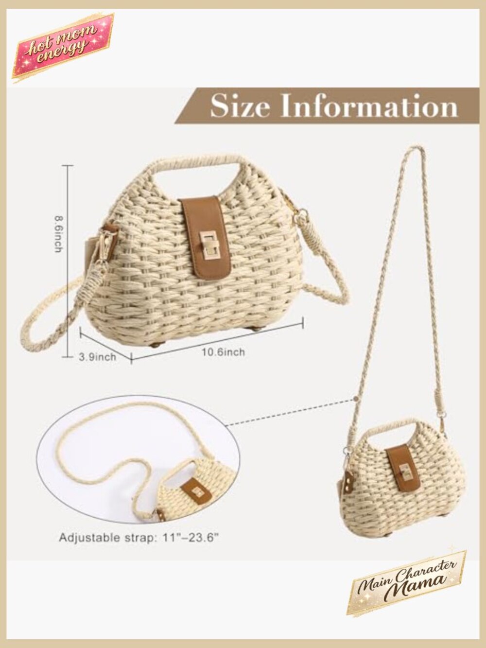 Woven Straw Crossbody Bag Boho Summer Beach Shoulder Purse Adjustable Strap - Picture 5 of 6